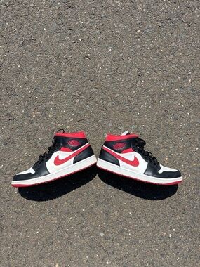 Jordan 1s Mid-Top Sneakers in Black, White & Red